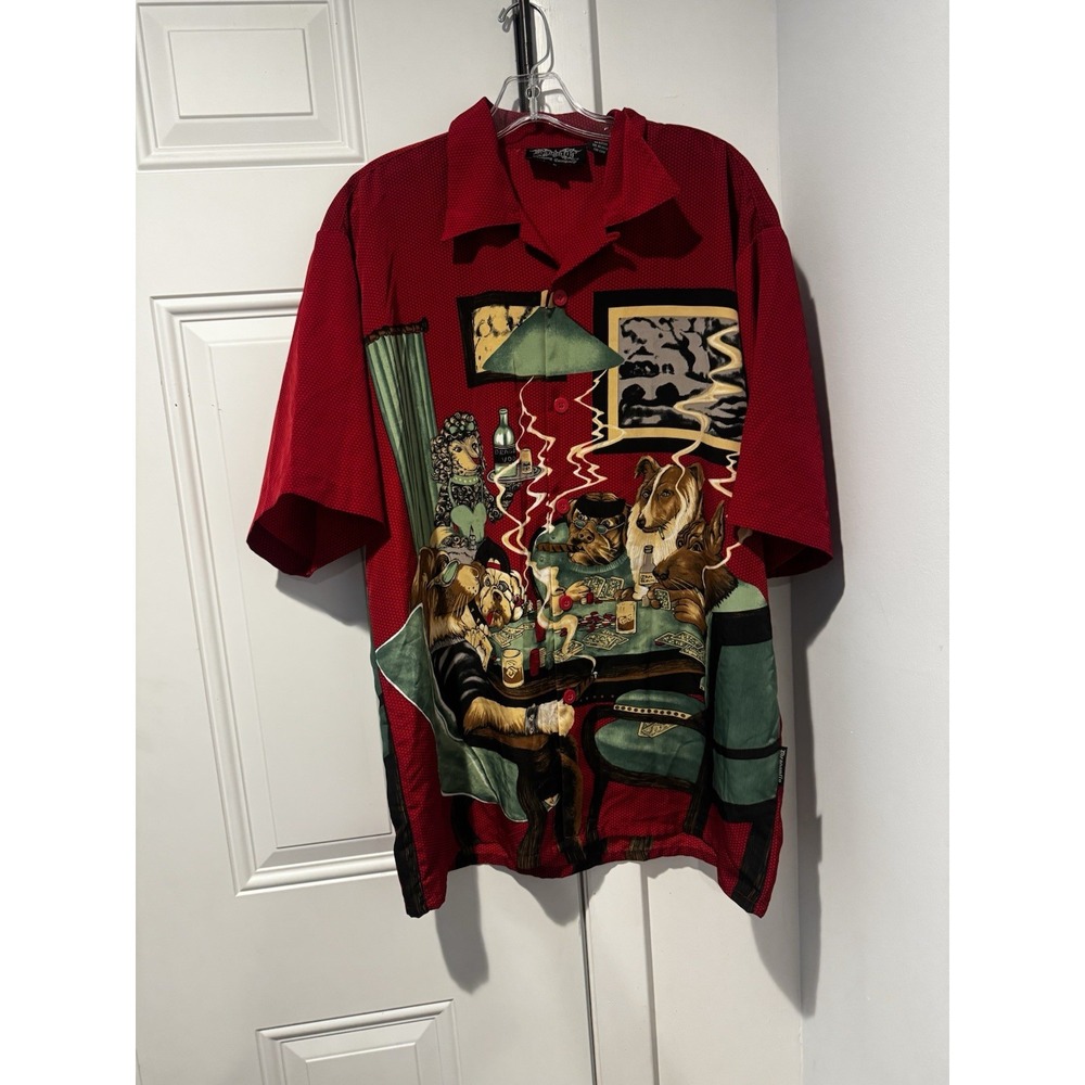 Dragonfly Clothing Co. Dogs Playing Poker Button-Up Shirt L AOP Men's SS Vintage